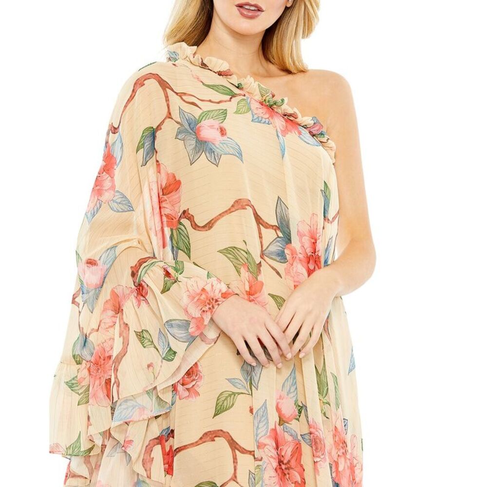 Mac Duggal Cream One-Shoulder Floral Ruffled Long Sleeve Dress - Picture 3 of 4